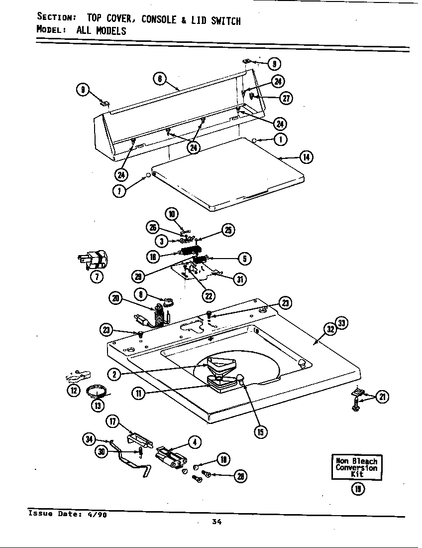 Maytag GA8700 top cover, console & lid switch diagram