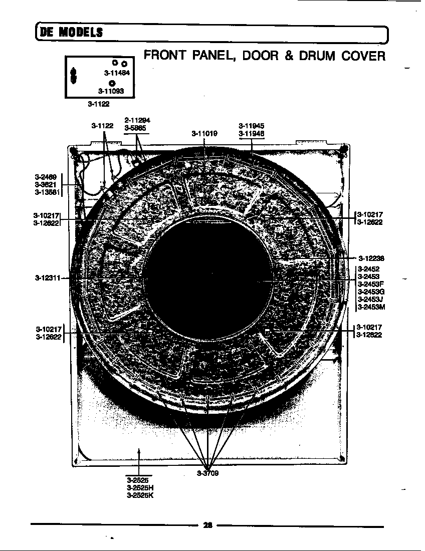 Maytag DE90 front panel, door & drum cover diagram