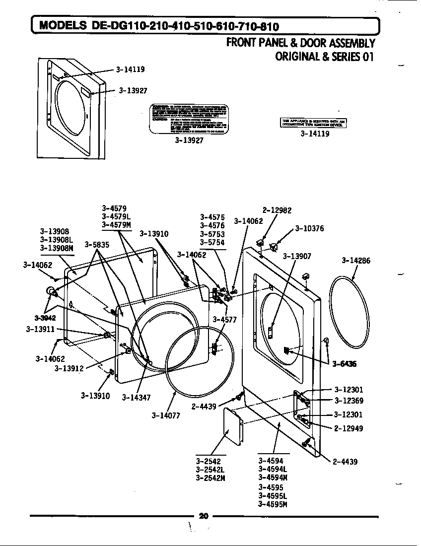 Maytag DE410 front panel & door assembly diagram