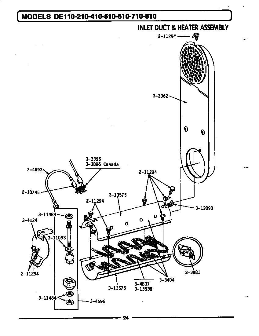 Maytag DE410 inlet duct & heater assembly diagram