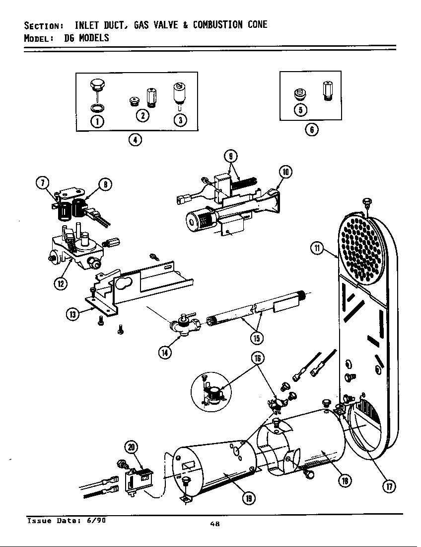 Maytag GDG5910 inlet duct, gas valve & combustion cone diagram