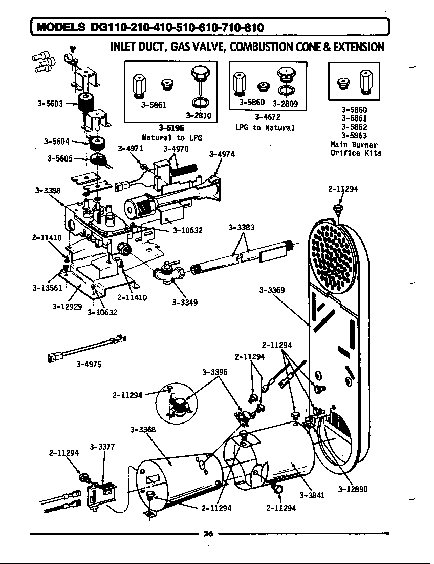 Maytag GDG810 inlet duct, gas valve, cone & extension diagram