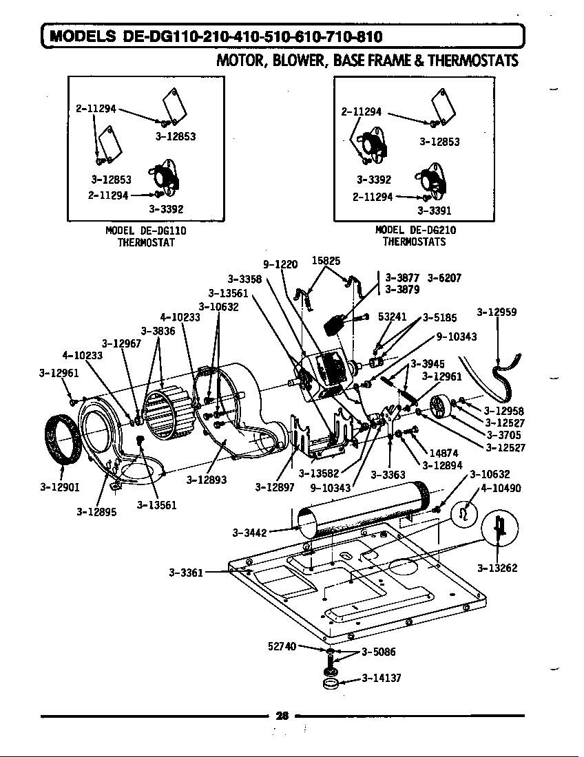 Maytag GDG810 motor, blower, base frame & thermostats diagram