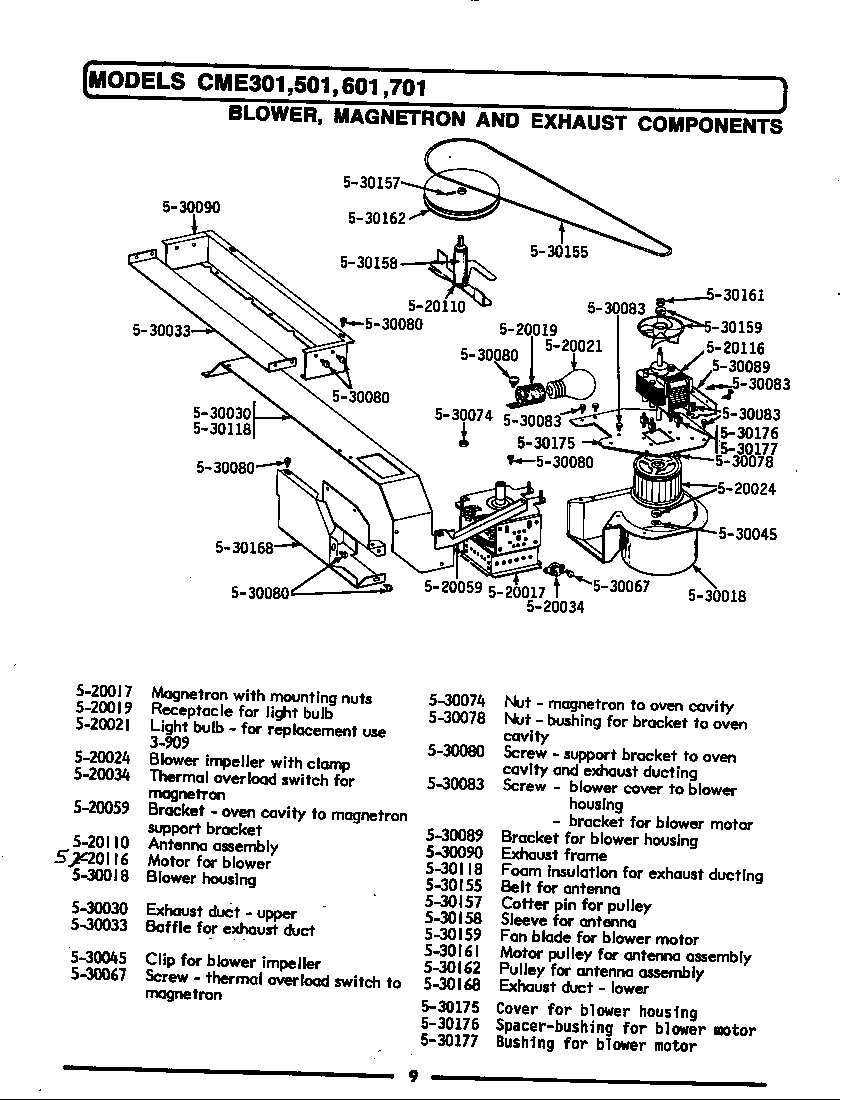 Maytag CME601 blower, magnetron & exhaust components diagram