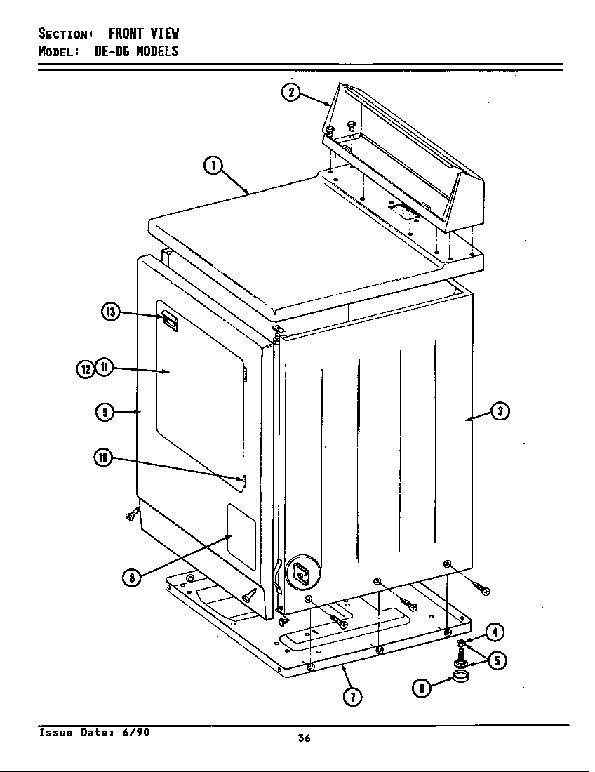 Maytag DE9800 front view diagram