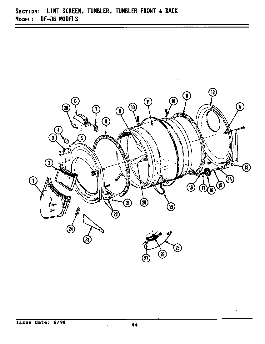 Maytag DE9800 lint screentumbler (front & back) diagram