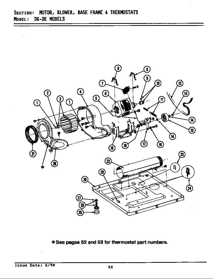 Maytag DE9800 motor, blower, base frame & thermostats diagram