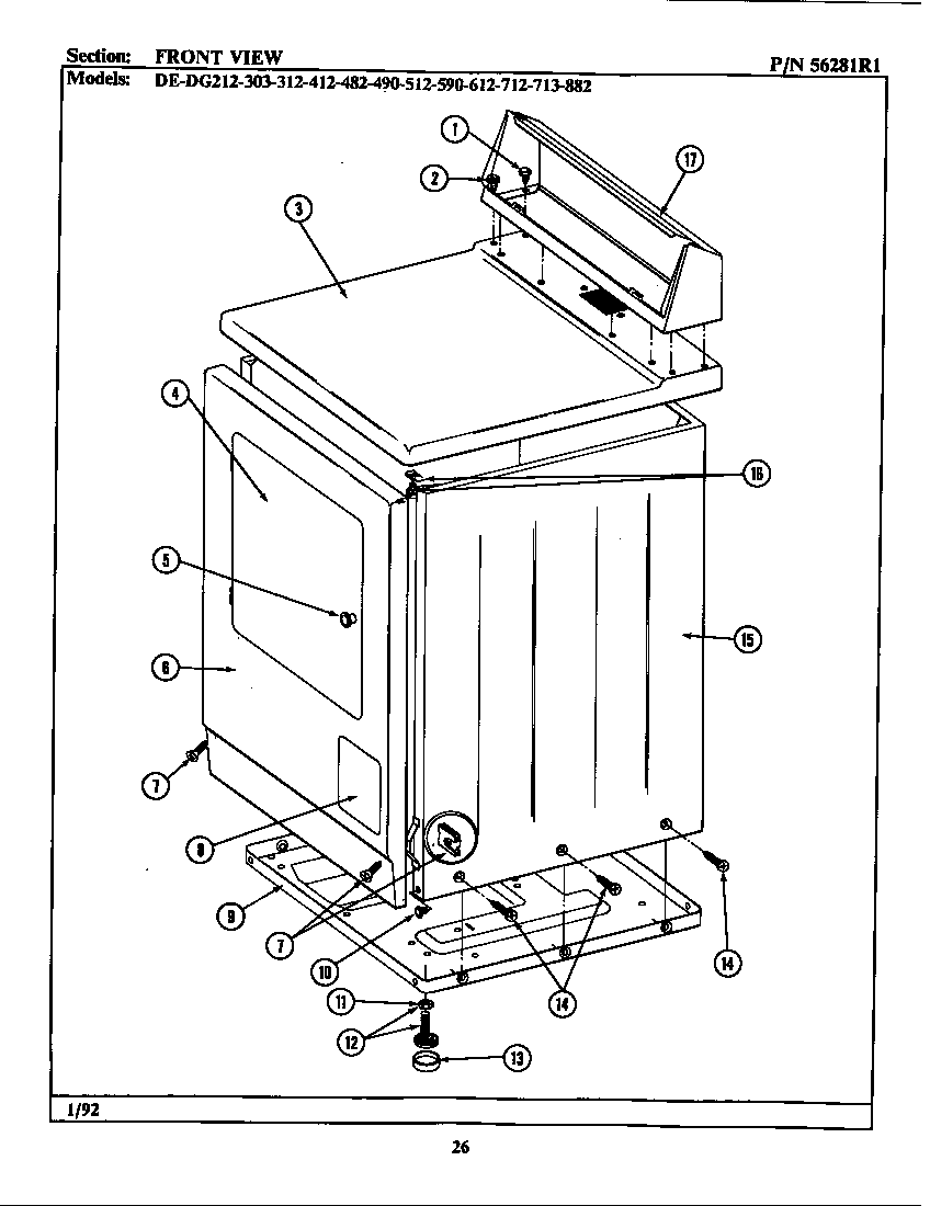 Maytag DE303 front view diagram