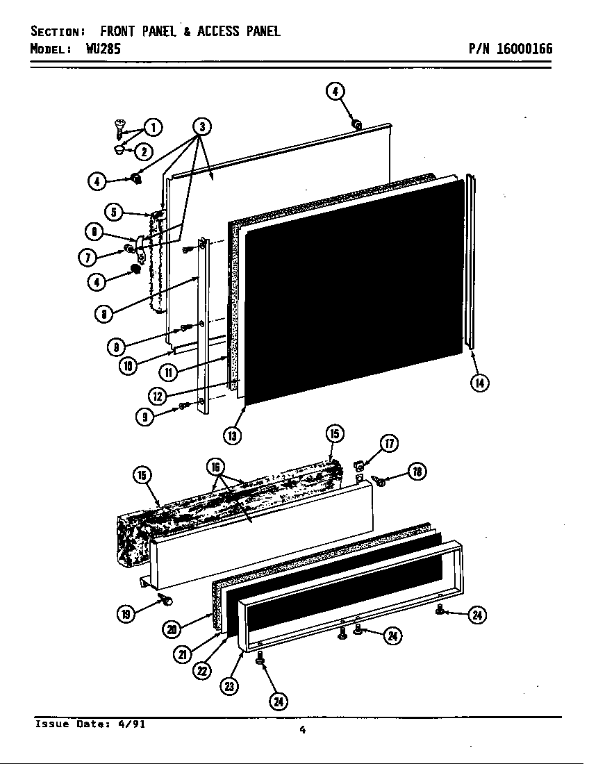 Maytag WU285 front panel & access panel diagram