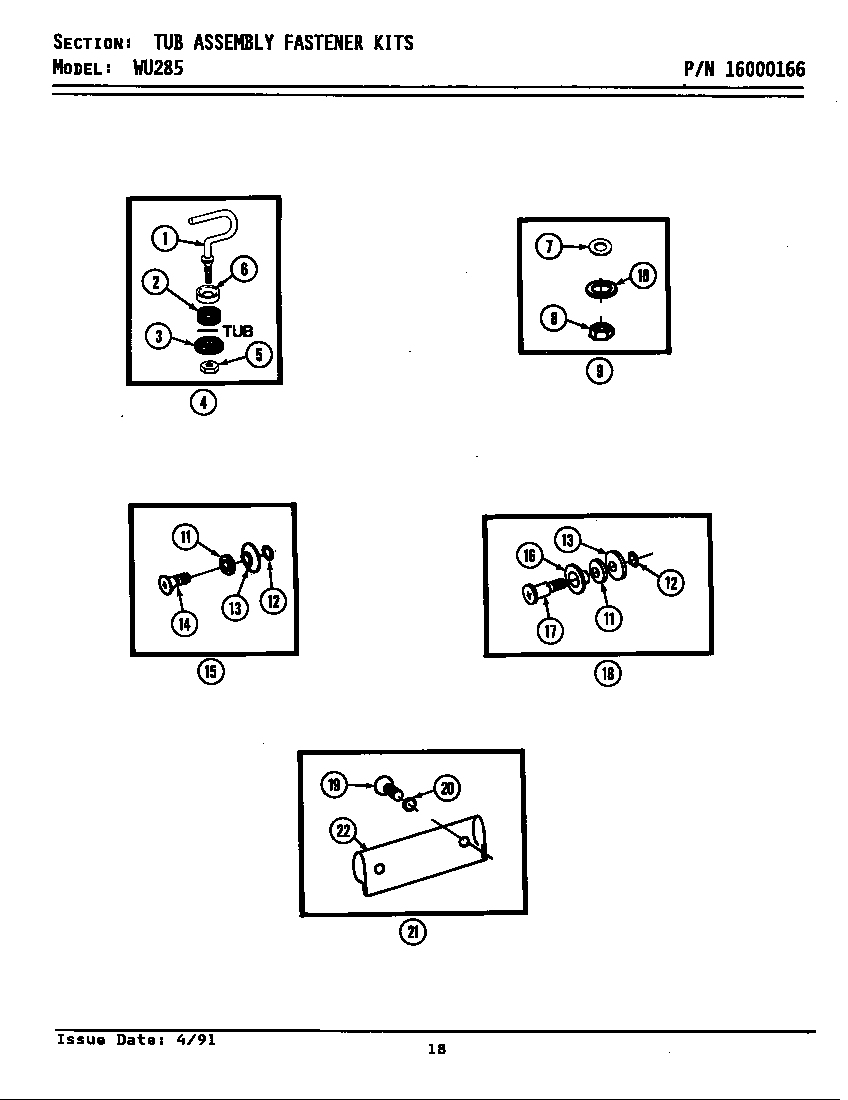 Maytag WU285 tub assembly fastener kits diagram