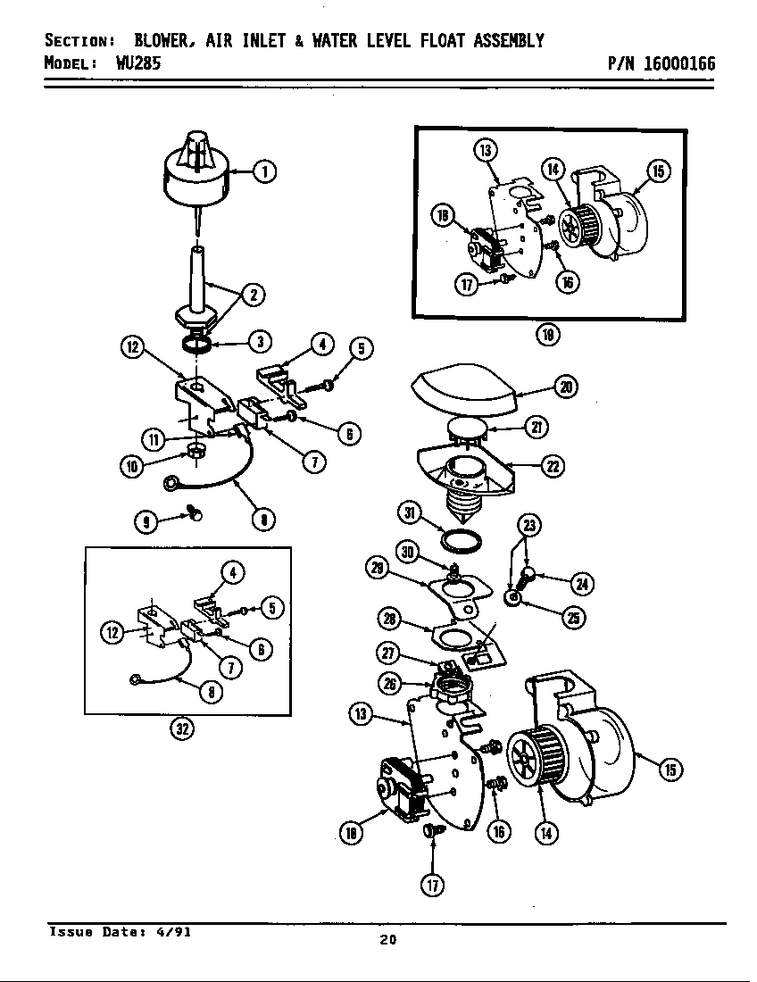 Maytag WU285 blower/air inlet & water level float diagram