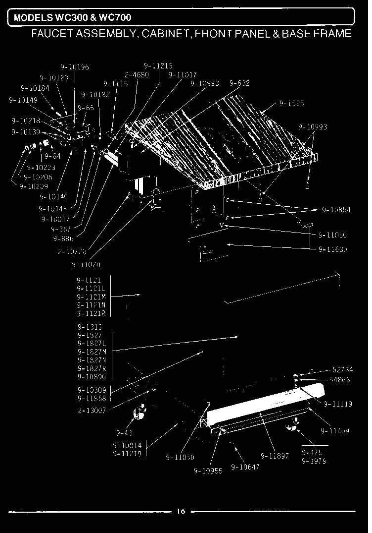 Maytag WU300 faucet assy, cabinet, front panel & base diagram