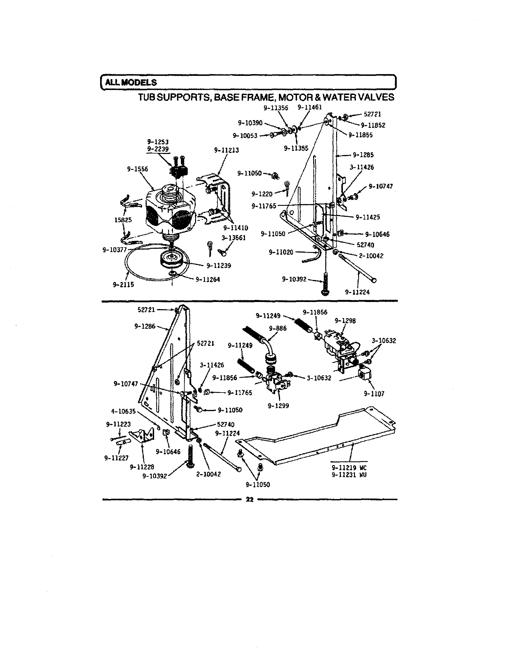 Maytag WC700 tub supports, base frame, motor & valves diagram