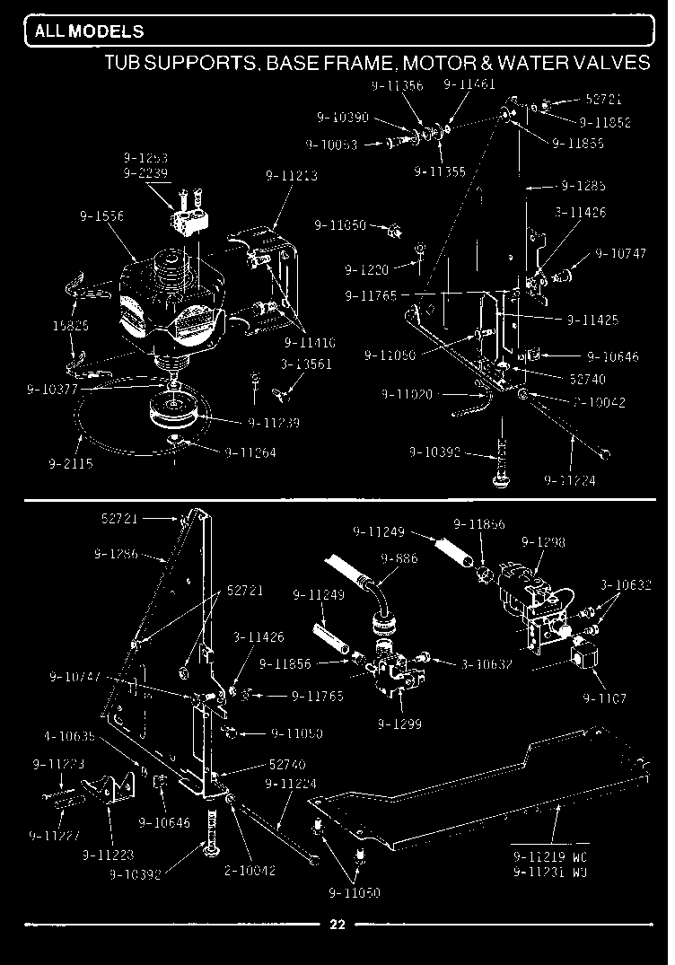 Maytag WU900 tub supports, base frame, motor & valves diagram
