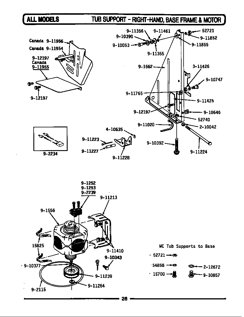 Maytag WC202 tub support (right) base frame & motor diagram