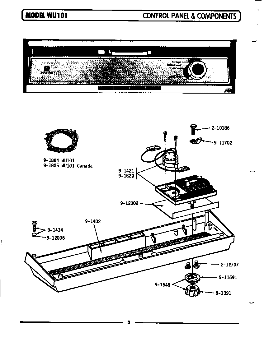 Maytag WU101 control panel & components diagram