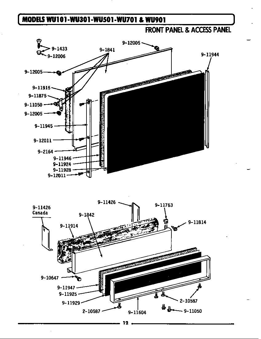 Maytag WU101 front panel & access panel diagram