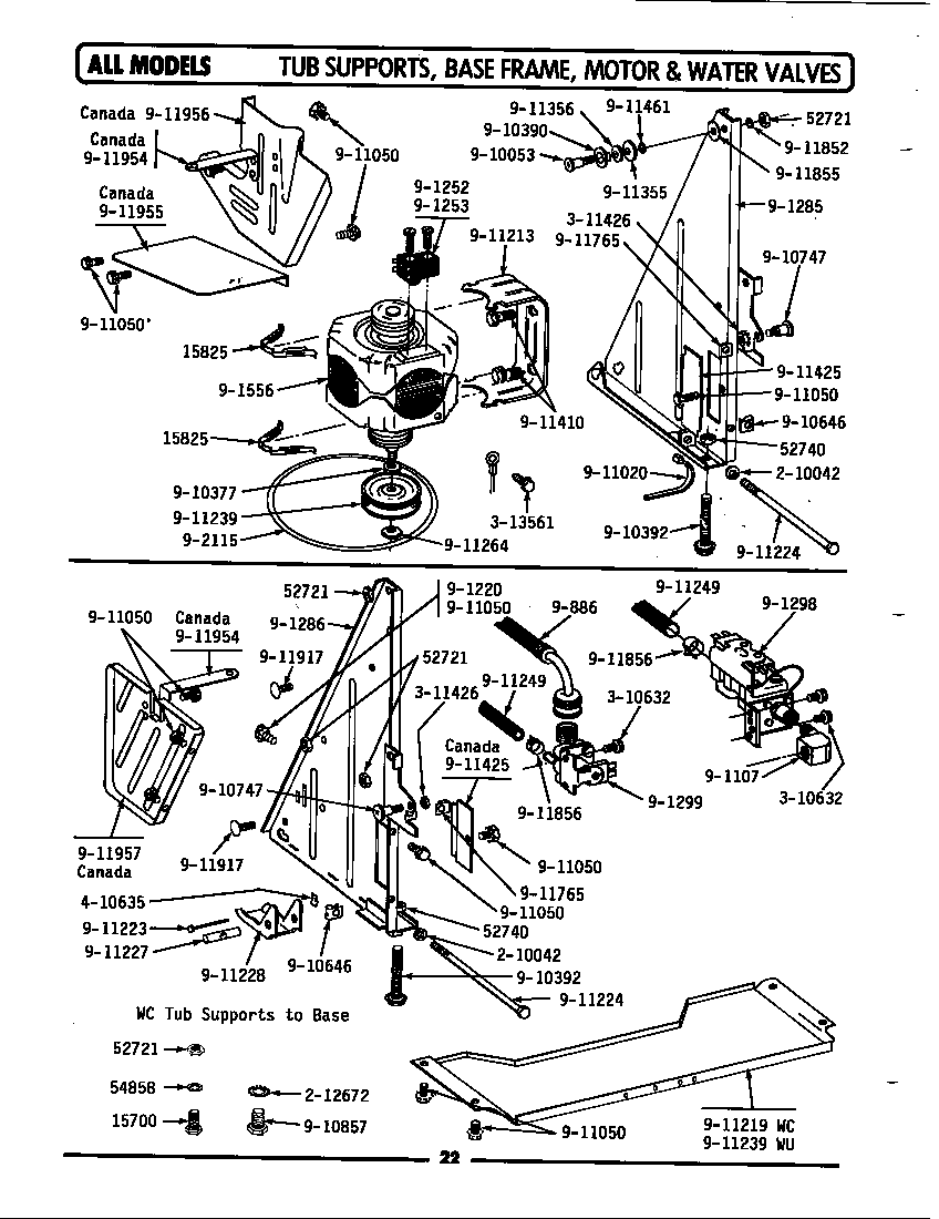 Maytag WU101 tub supports, base frame, motor & valves diagram