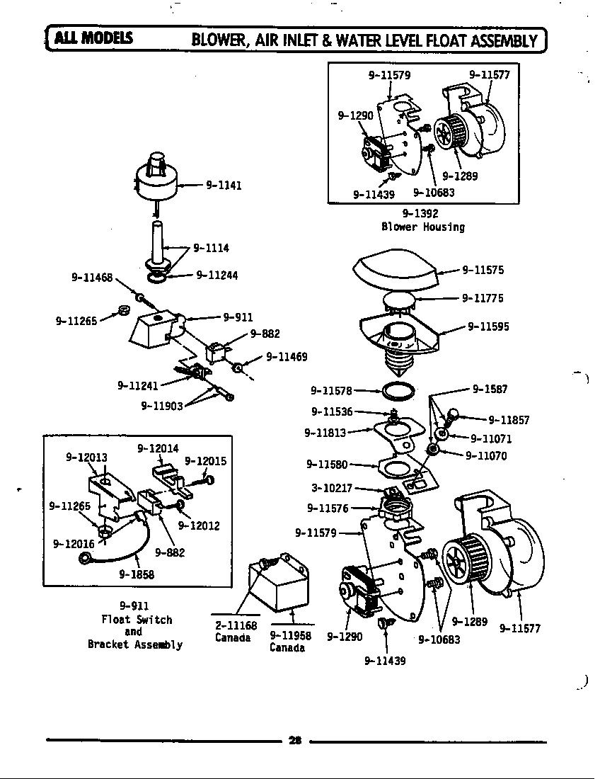 Maytag WU101 blower/air inlet & water level float diagram
