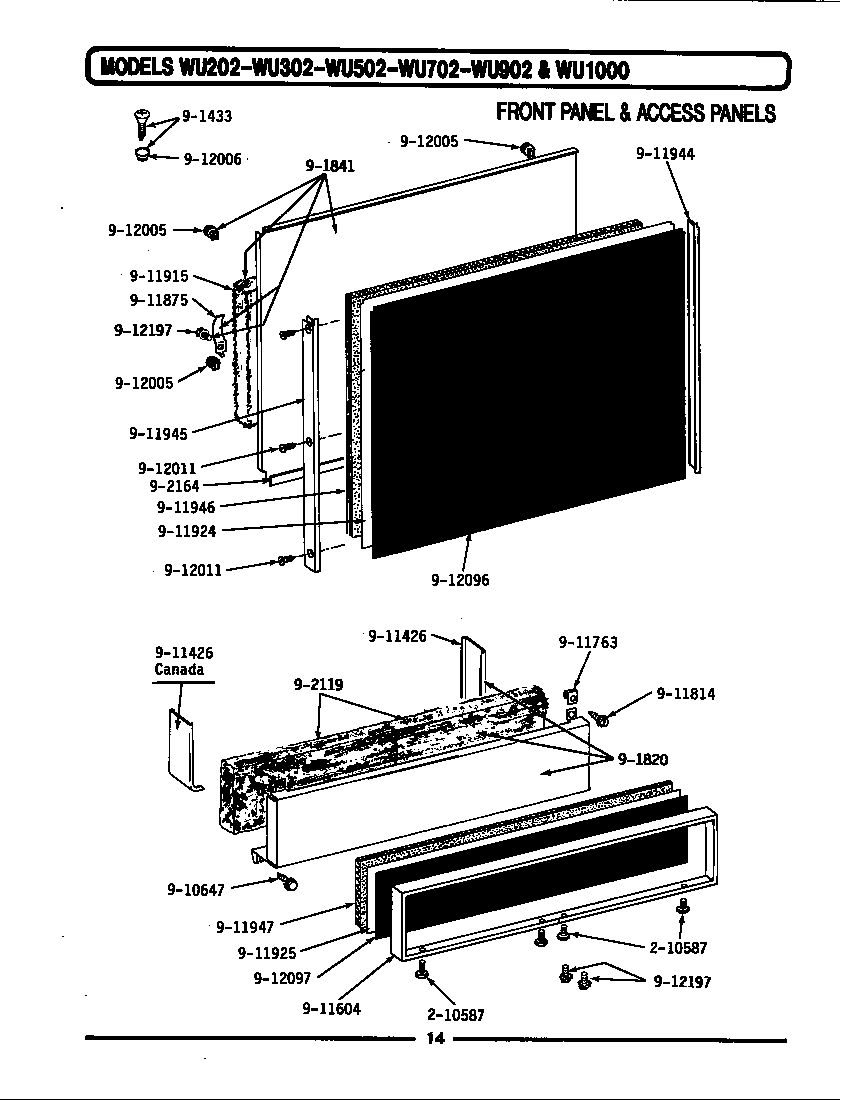 Maytag WU1000 front panel & access panels diagram