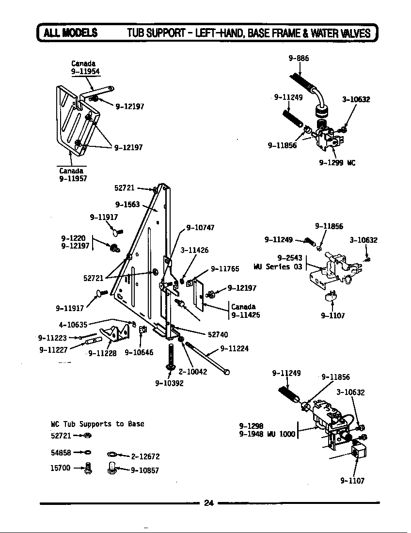 Maytag WU1000 tub support (left) frame & water valves diagram