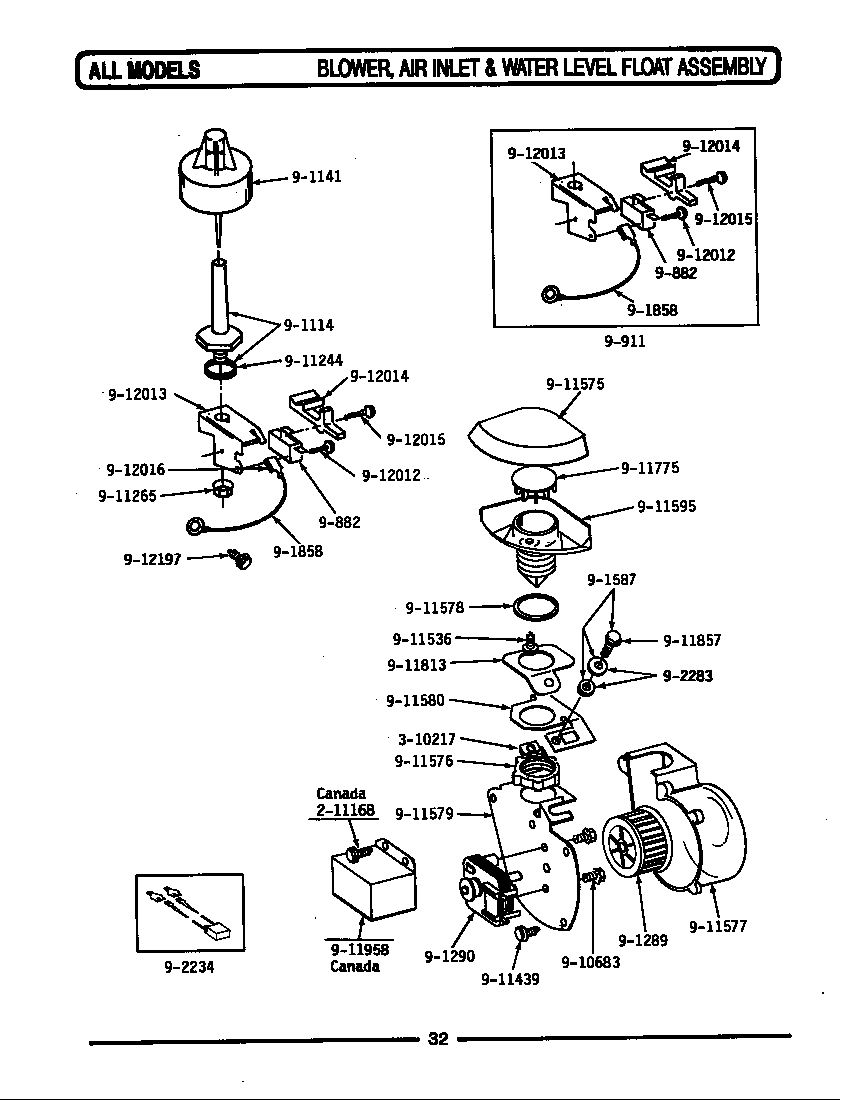 Maytag WU1000 blower/air inlet & water level float diagram