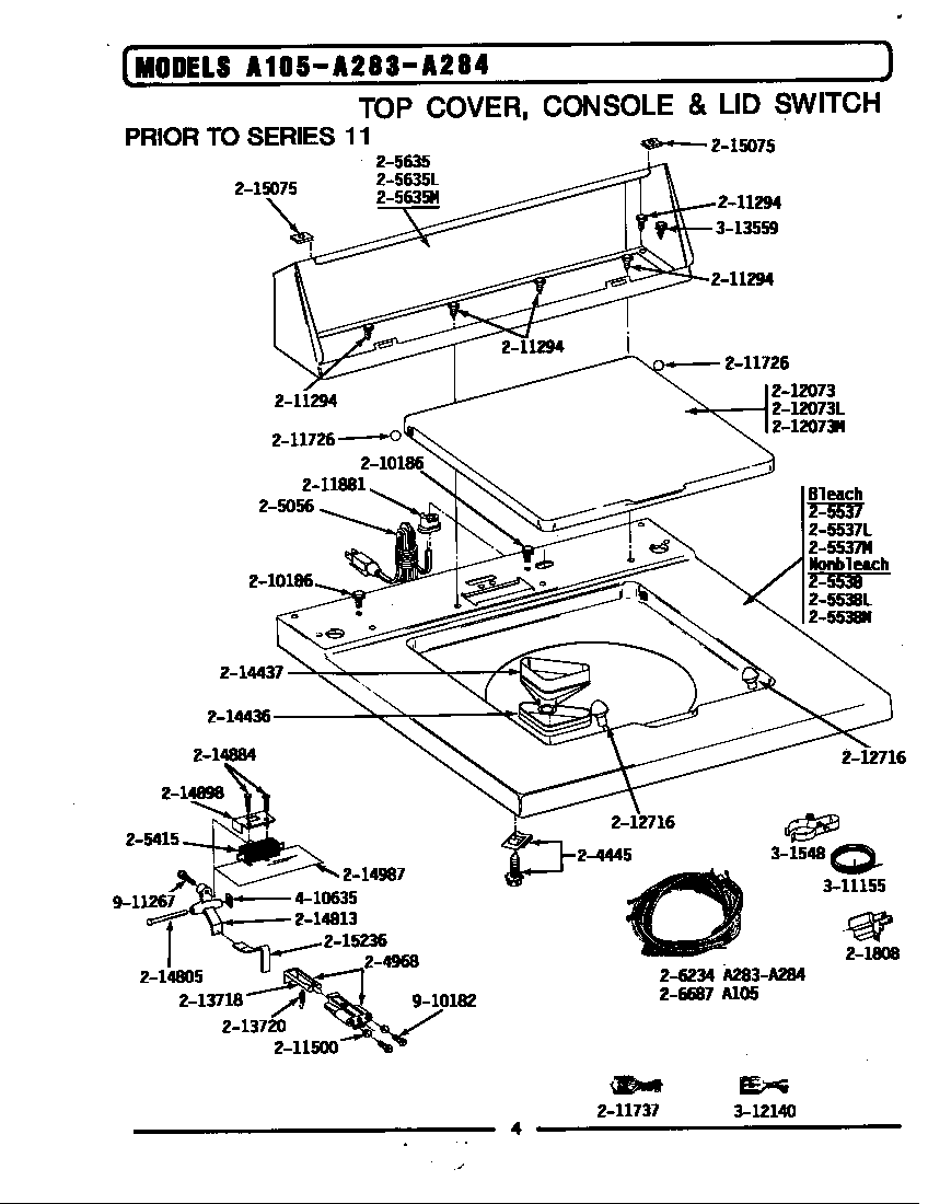 Maytag LA105 top cover, console & lid switch diagram
