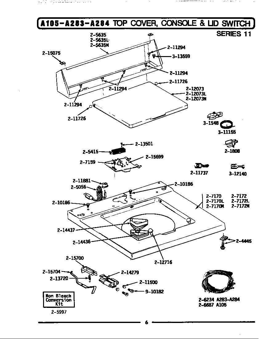 Maytag LA105 top cover, console & lid switch (ser 11) diagram