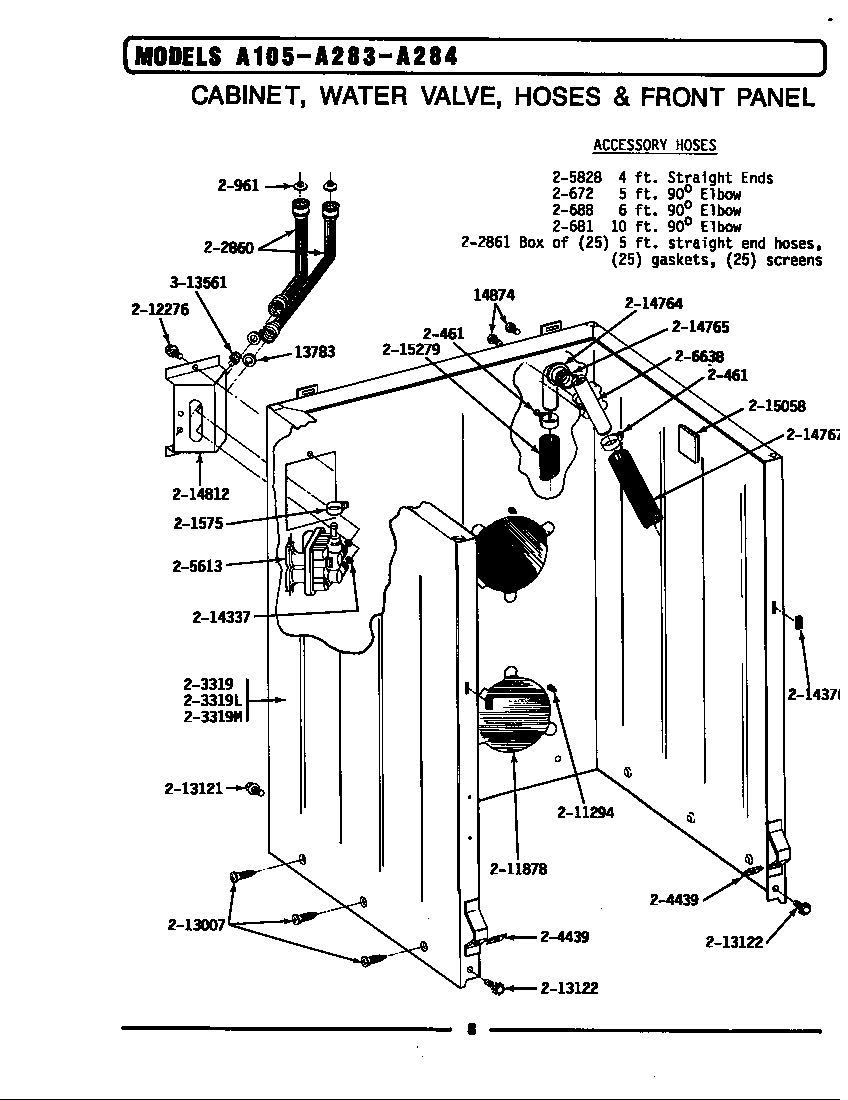 Maytag LA105 cabinet, water valve, hoses & frnt panel diagram