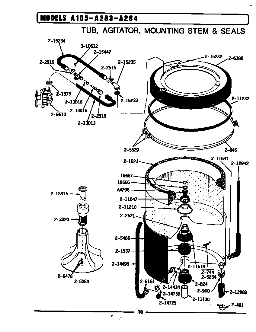 Maytag LA105 tub, agitator, mounting stem & seal diagram