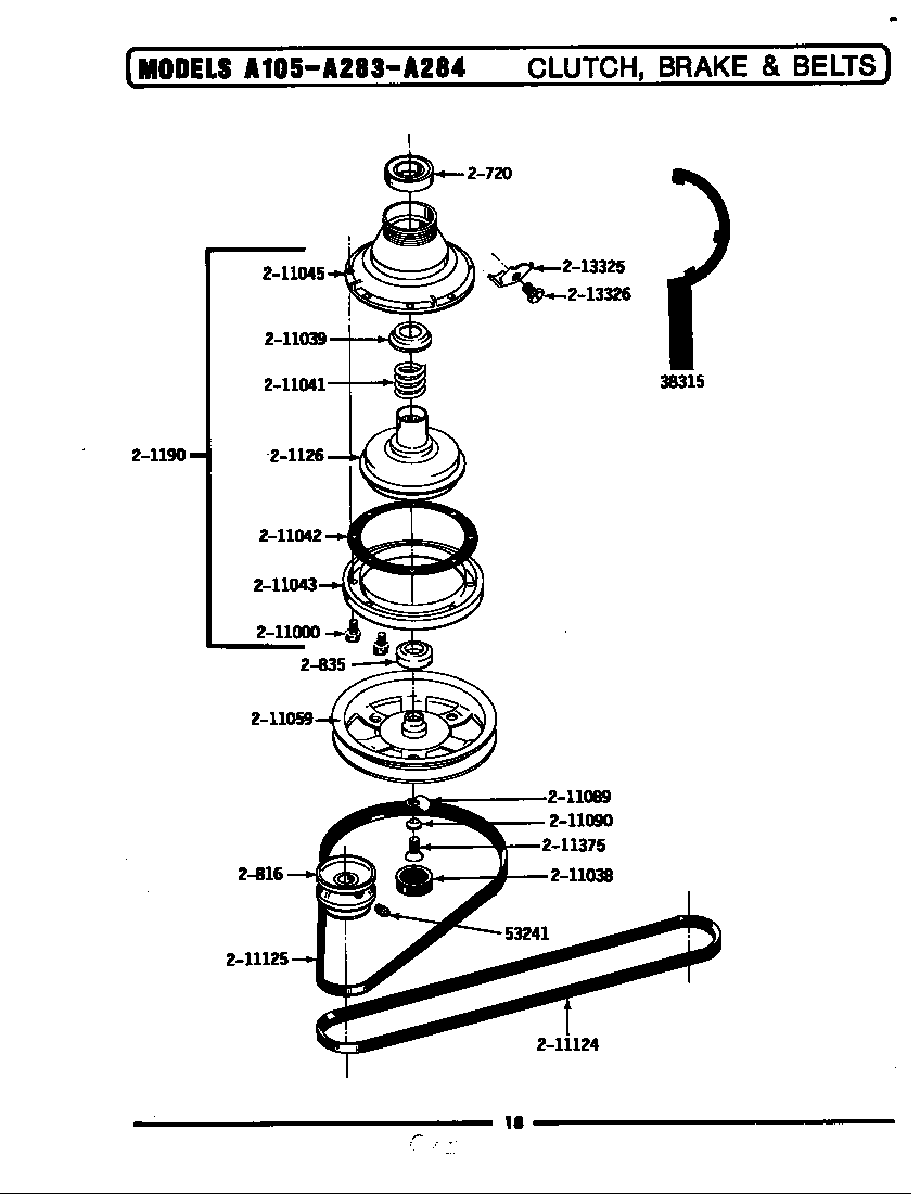 Maytag LA105 clutch, brake & belts diagram