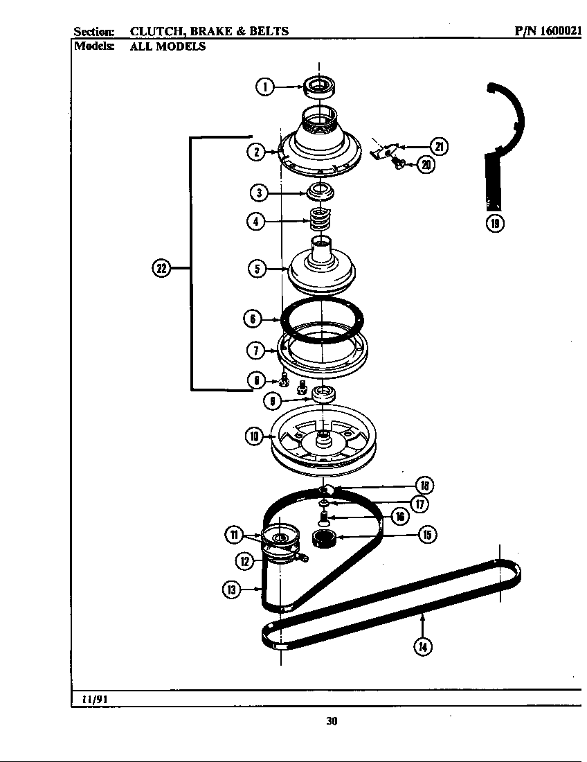 Maytag LA211 clutch, brake & belts diagram