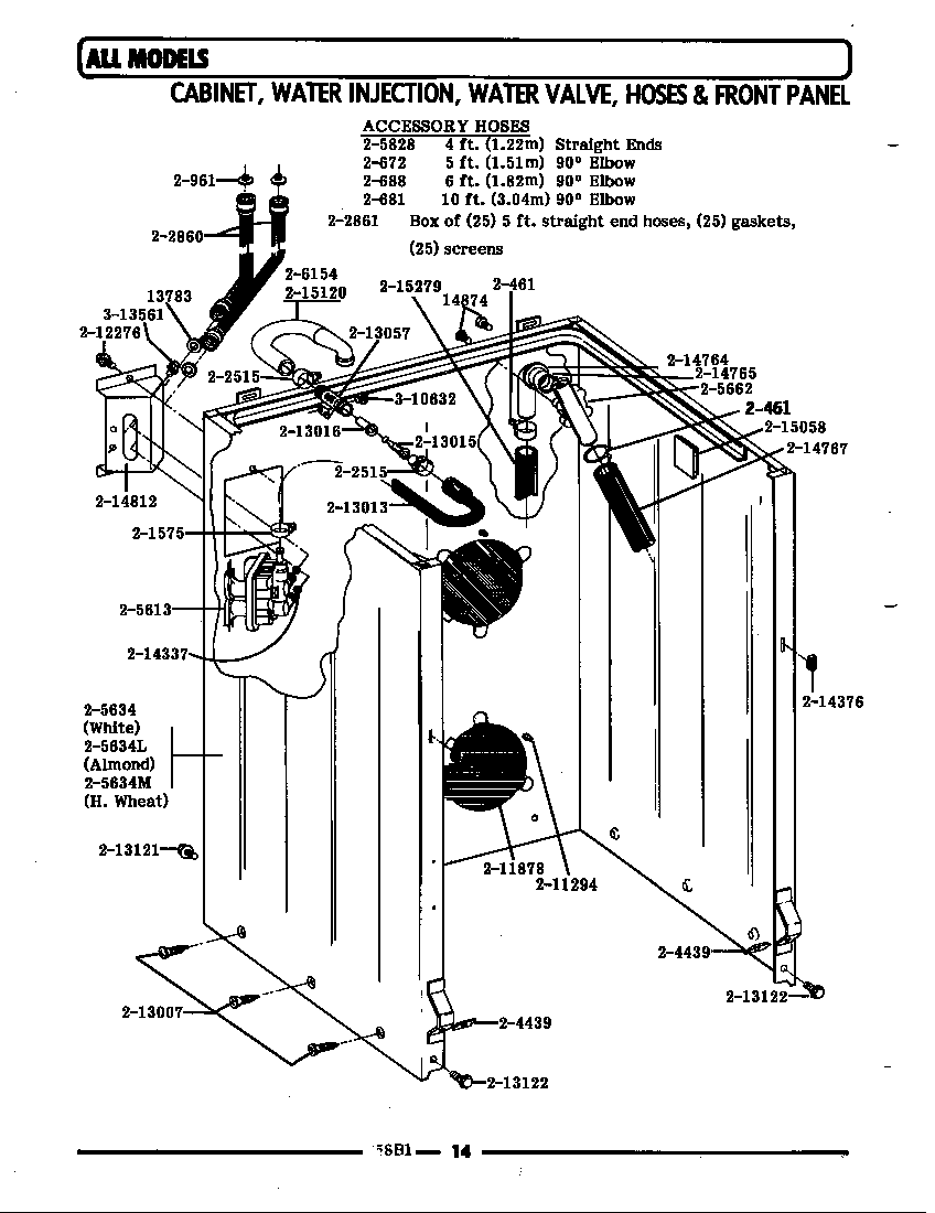 Maytag LA610 cbnt,water inj & valve,hoses & frt panel diagram