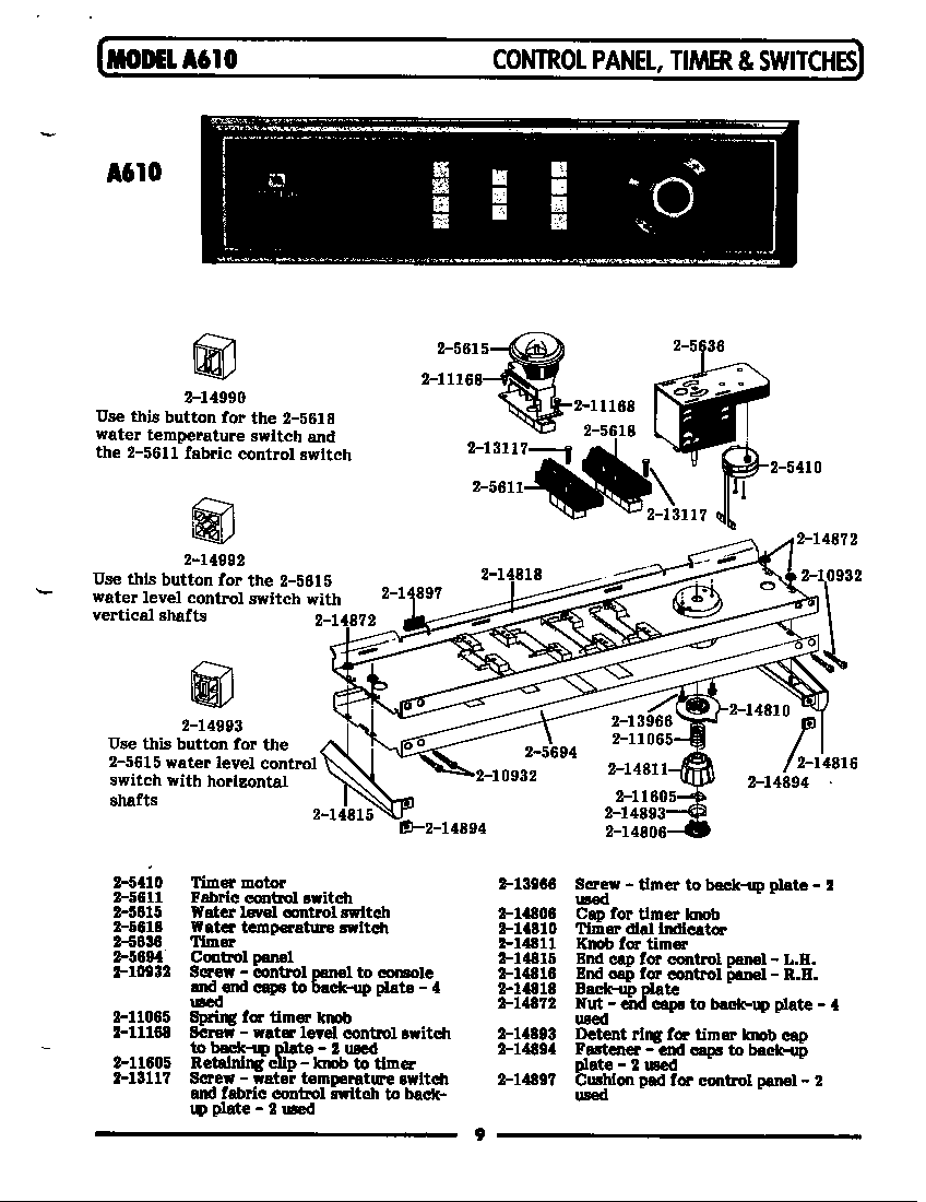 Maytag LA610 control panel,timer & switches (a610) (a610) (la610) diagram