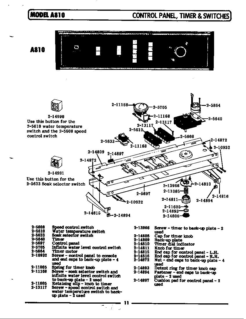 Maytag LA610 control panel,timer & switches (a810) (a810) (la810) diagram