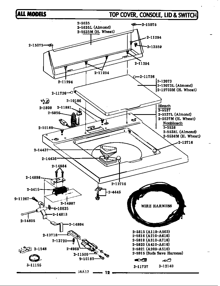 Maytag LA610 top cover, console & lid switch diagram