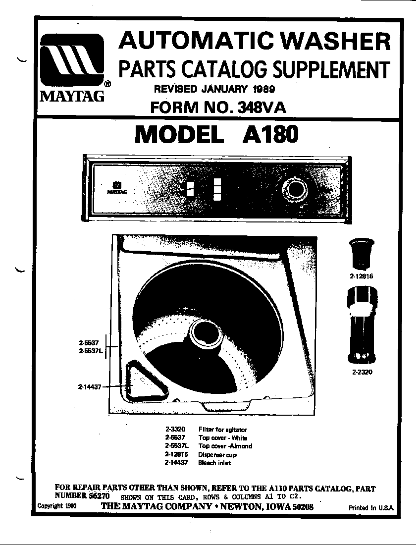 Maytag A180 parts catalog supplement (a180) (a180) (la180) diagram