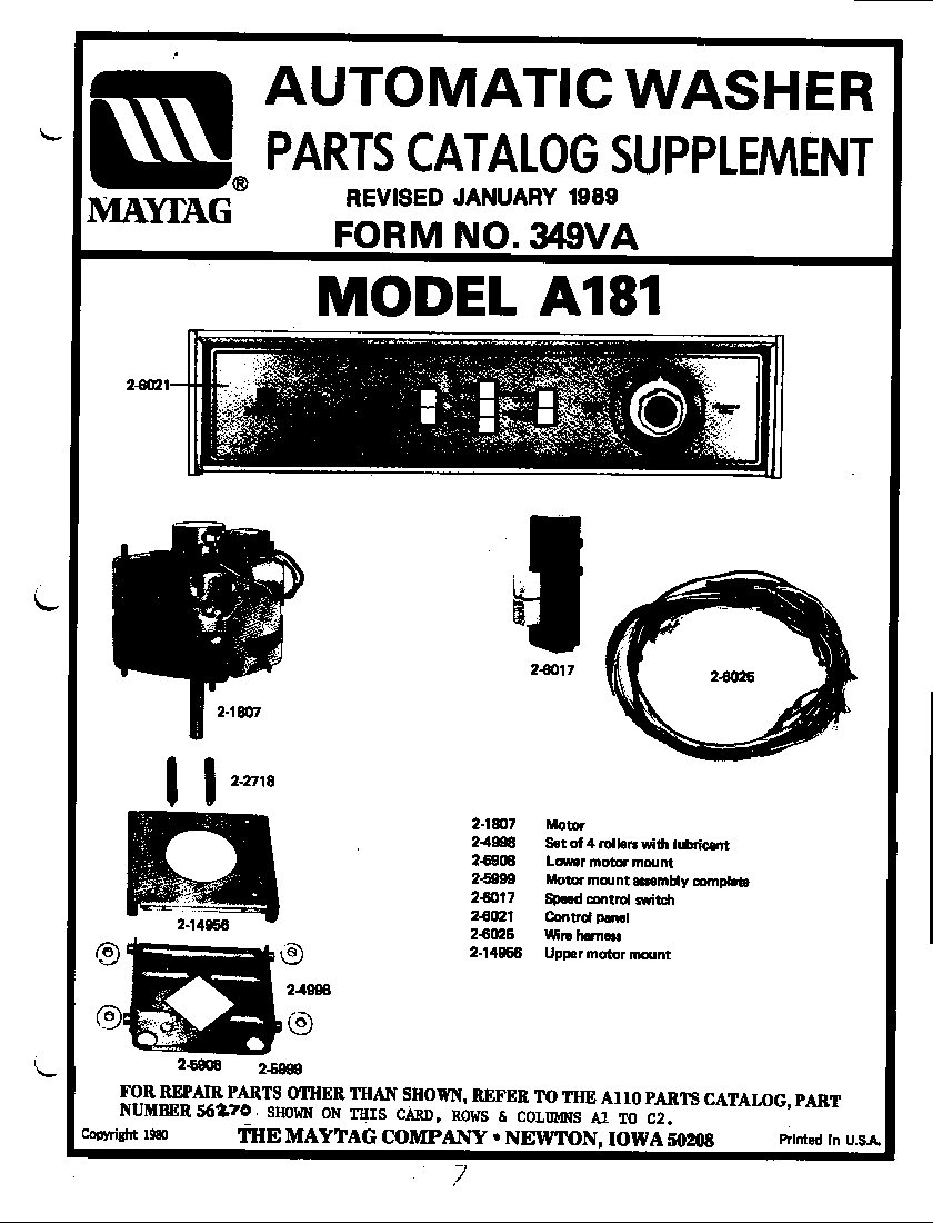 Maytag A180 parts catalog supplement (a181) (a181) (la181) diagram