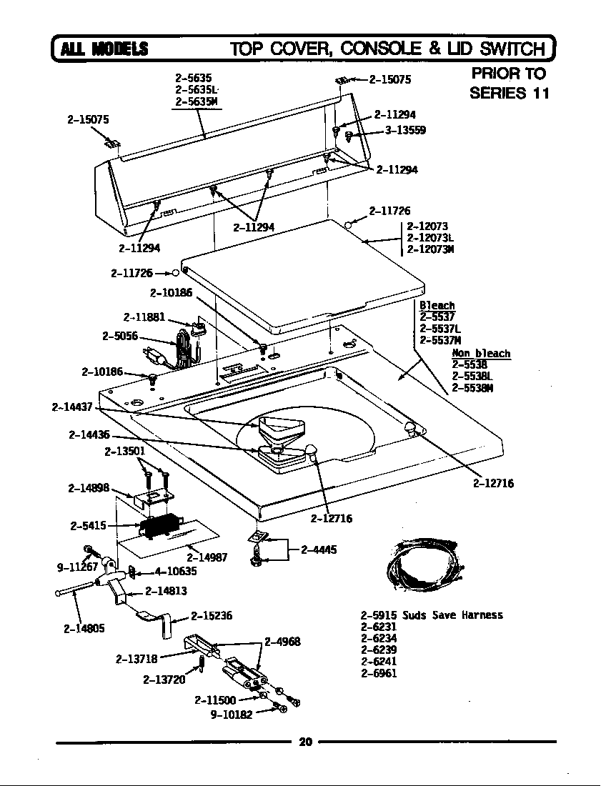 Maytag LA312S top cover, console & lid switch diagram