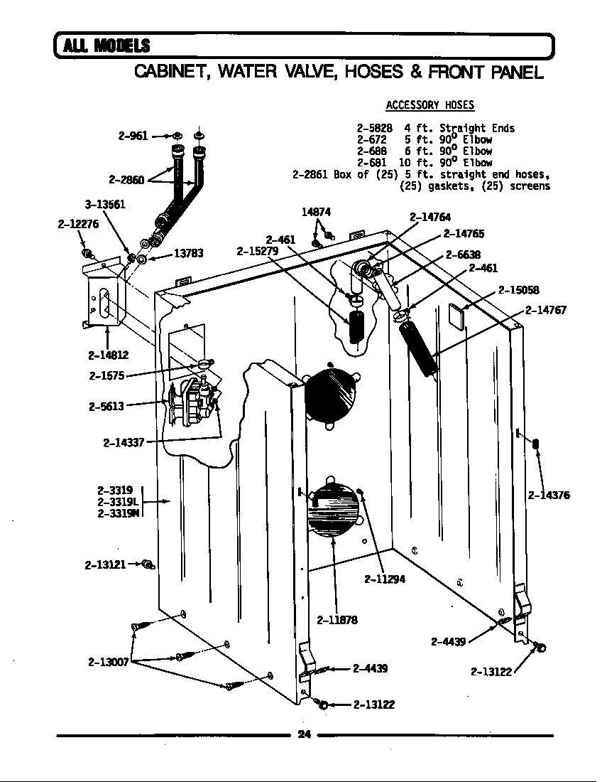 Maytag LA312S cabinet, water valve, hoses & frnt panel diagram