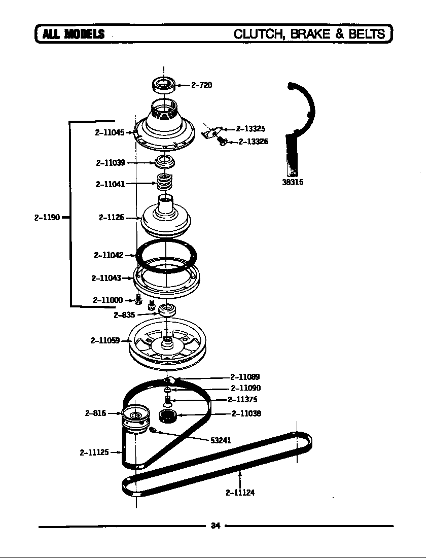 Maytag LA312S clutch, brake & belts diagram