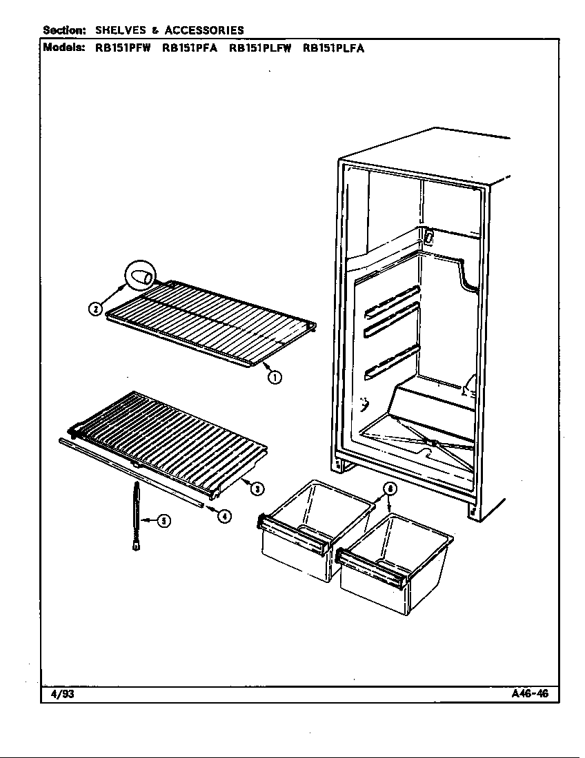 Magic Chef RB151PFW/DG11A shelves & accessories diagram