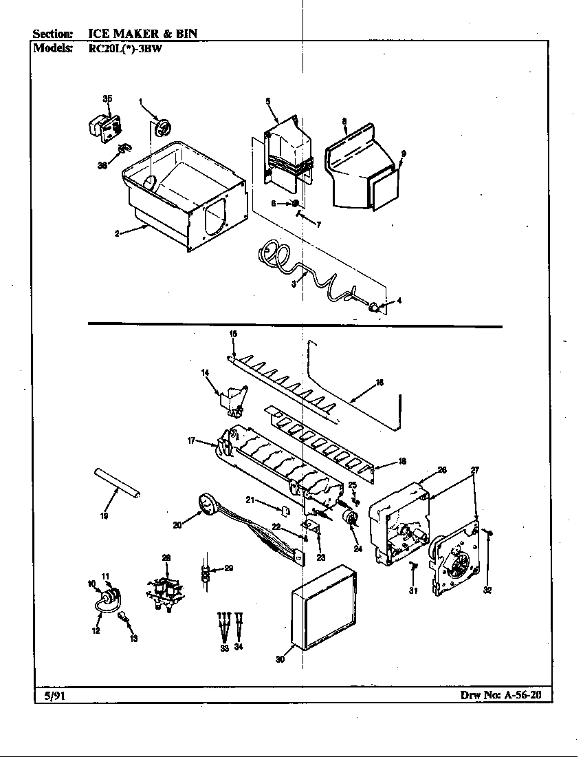Magic Chef RC20LA-3BW-BS08A ice maker & bin diagram
