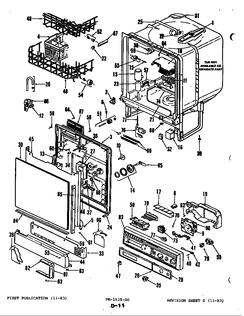 Magic Chef DU70A-01 control panel, door & tub diagram