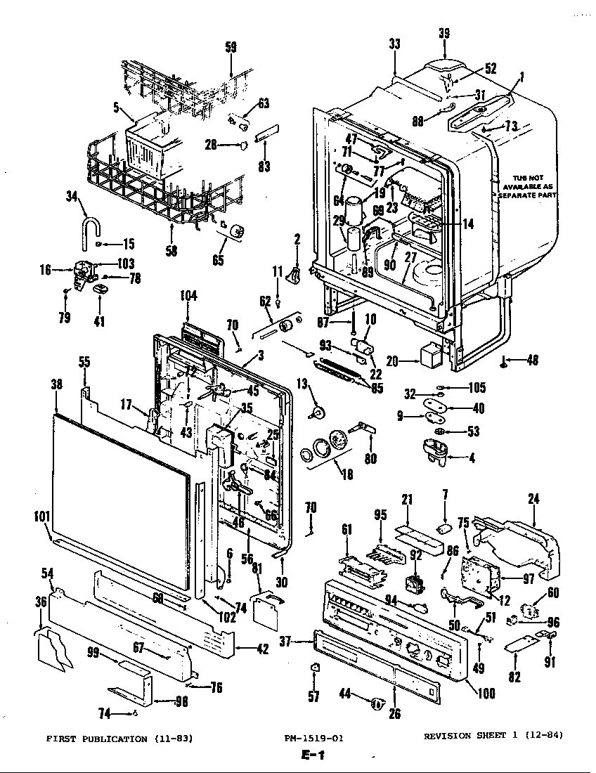 Magic Chef DU95A-01 control panel, door, rack, det.cup & tub diagram