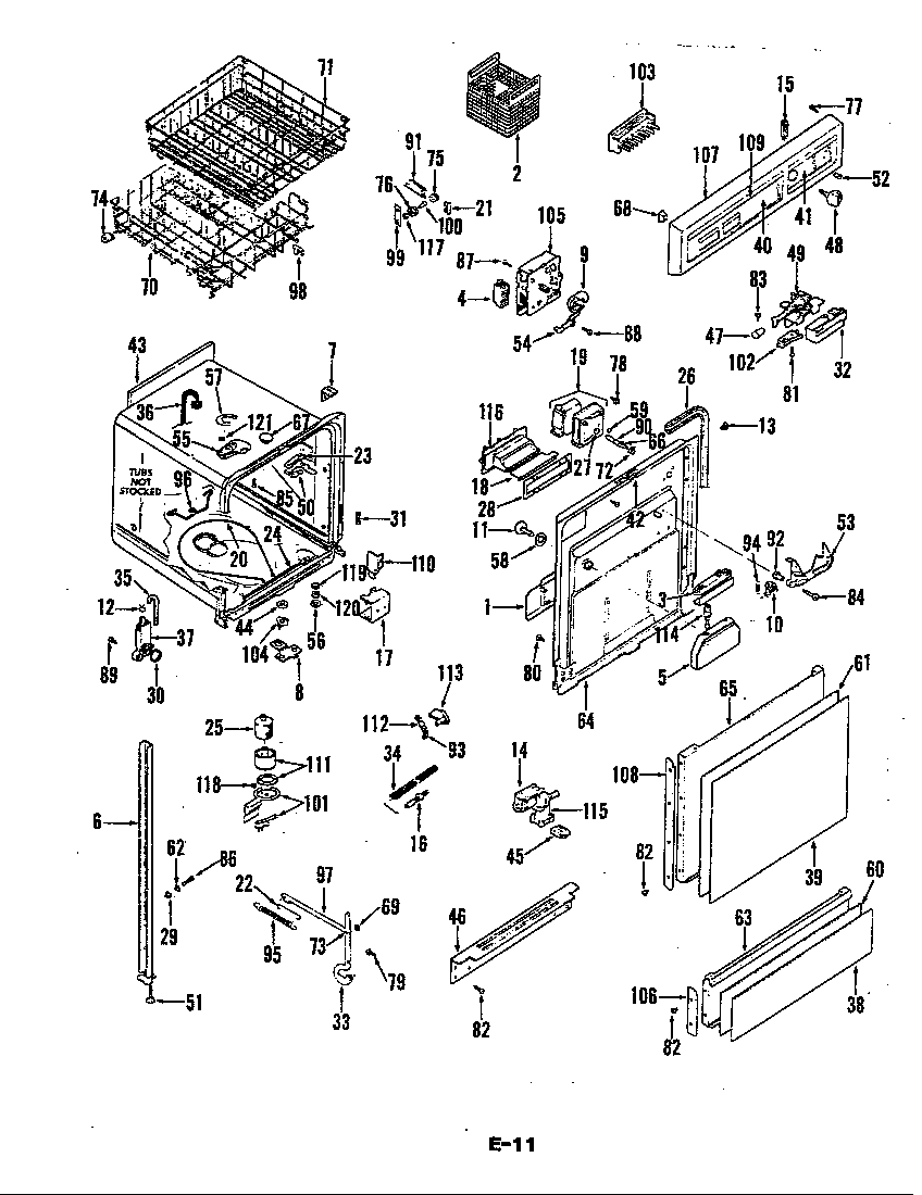 Magic Chef DU7A-01 control panel, door, rack, det.cup & tub diagram