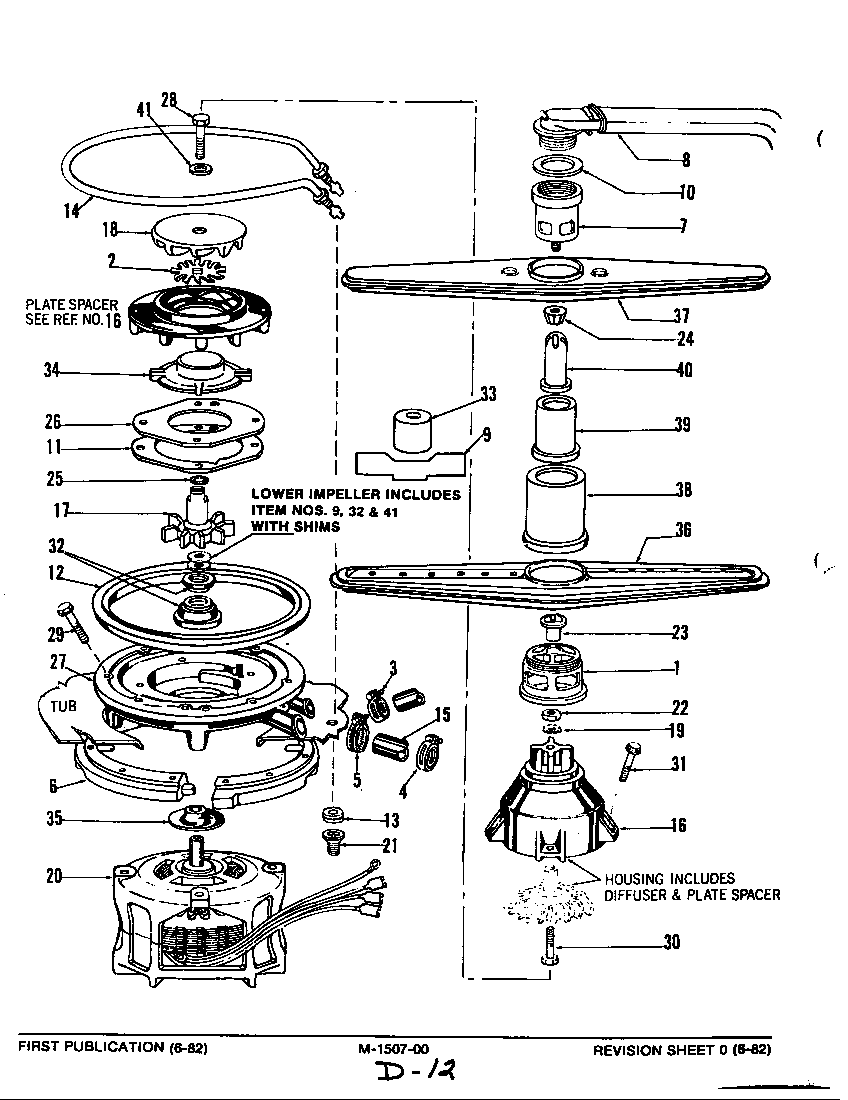 Admiral DU25A-2 motor, heater & spray arm diagram