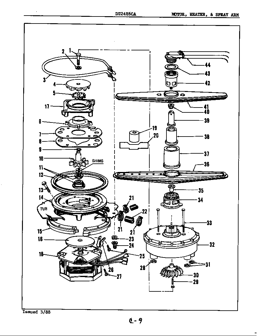 Maytag DU24H6CA motor, heater & spray arm diagram