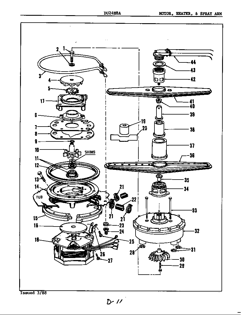Maytag DU24H8A motor, heater & spray arm diagram