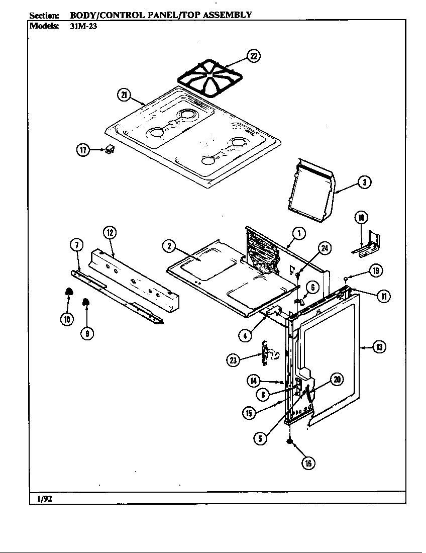 Magic Chef 31MN-23KX-ON body/control panel/top assembly diagram